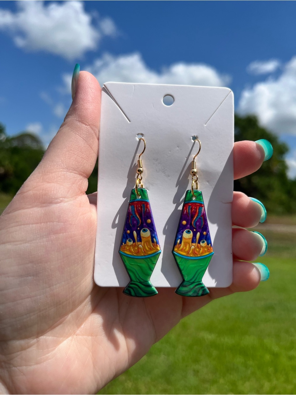 Green Lava Lamp Drop Earrings - Colorful Resin Dangles